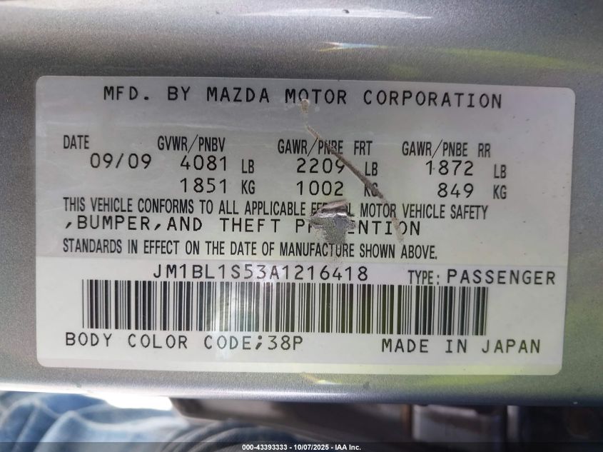 2010 Mazda Mazda3 S Grand Touring VIN: JM1BL1S53A1216418 Lot: 43393333