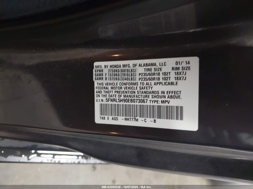 2014 Honda Odyssey Touring/Touring Elite VIN: 5FNRL5H90EB073067 Lot: 43393339