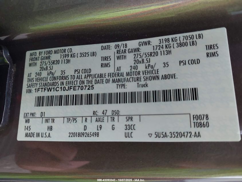 2018 Ford F-150 Lariat VIN: 1FTFW1C10JFE70725 Lot: 43393343