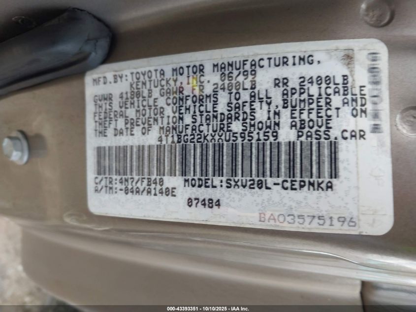 1999 Toyota Camry Le VIN: 4T1BG22KXXU595159 Lot: 43393351