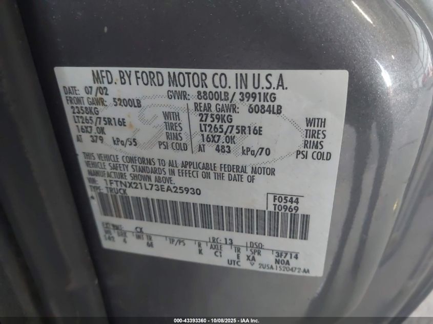 2003 Ford F-250 Lariat/Xl/Xlt VIN: 1FTNX21L73EA25930 Lot: 43393360