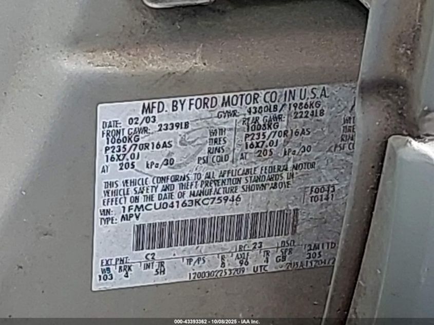 2003 Ford Escape Limited VIN: 1FMCU04163KC75946 Lot: 43393362