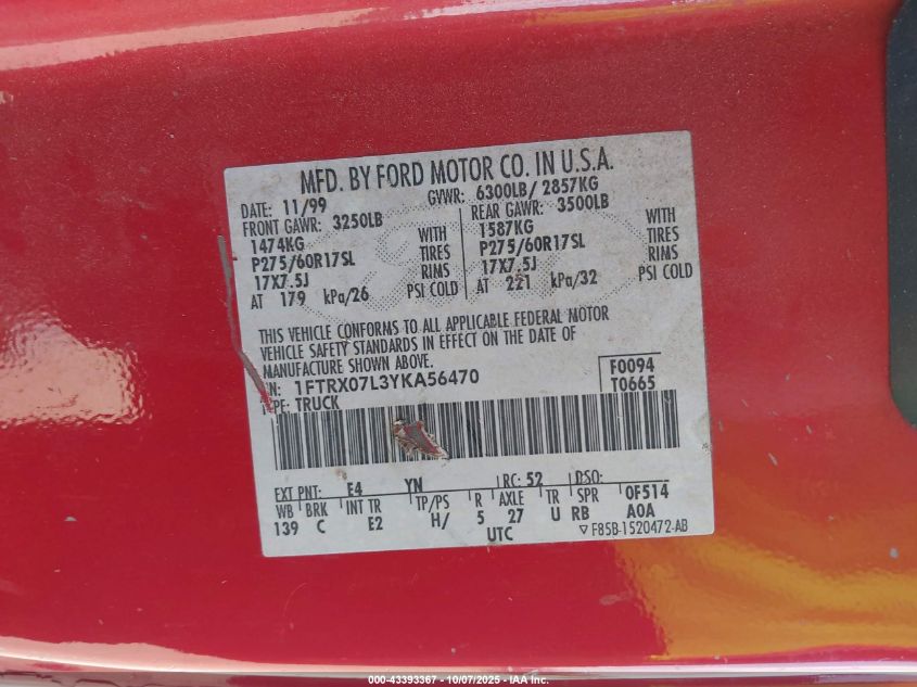 2000 Ford F-150 Lariat/Xl/Xlt VIN: 1FTRX07L3YKA56470 Lot: 43393367