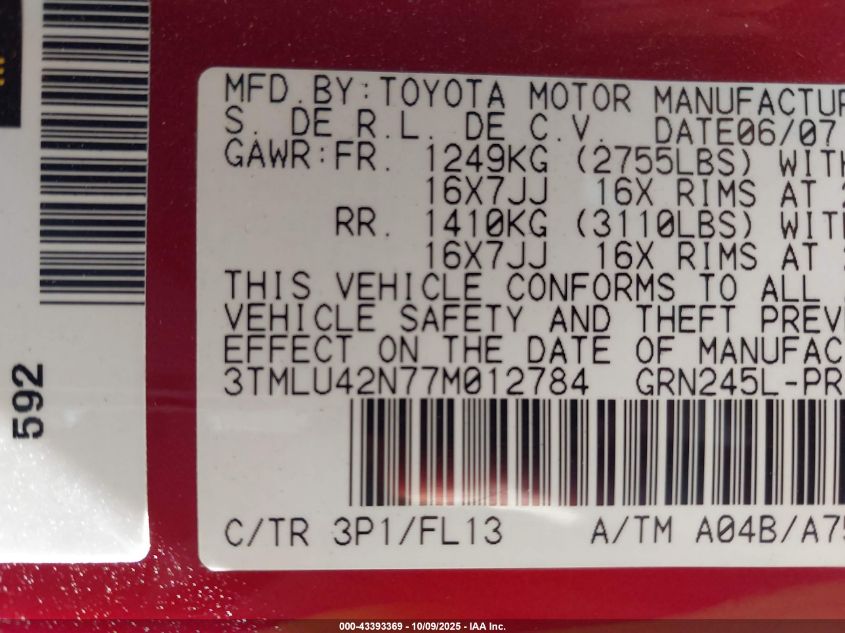 2007 Toyota Tacoma Base V6 VIN: 3TMLU42N77M012784 Lot: 43393369