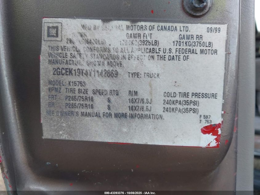 2000 Chevrolet Silverado 1500 Ls VIN: 2GCEK19T4Y1142869 Lot: 43393376