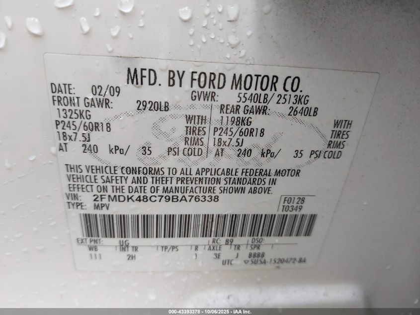 2009 Ford Edge Sel VIN: 2FMDK48C79BA76338 Lot: 43393378