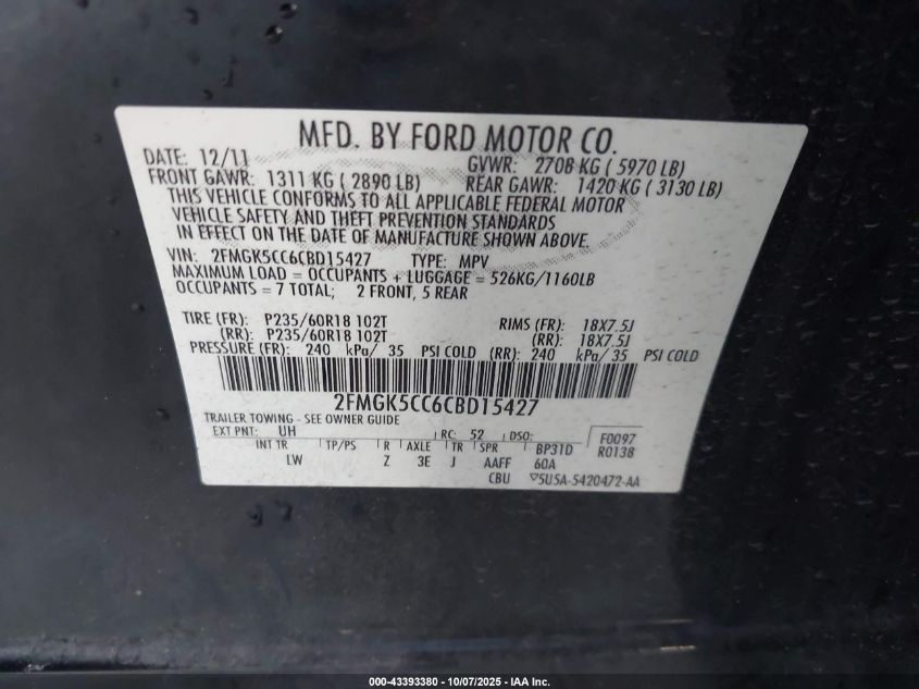 2012 Ford Flex Sel VIN: 2FMGK5CC6CBD15427 Lot: 43393380