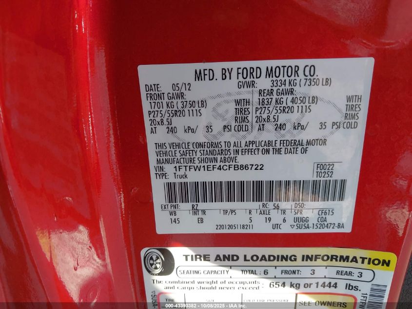 2012 Ford F-150 Lariat VIN: 1FTFW1EF4CFB86722 Lot: 43393382