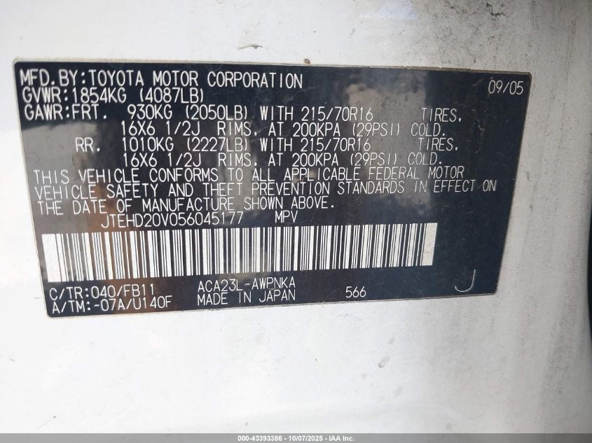 2005 Toyota Rav4 VIN: JTEHD20V056045177 Lot: 43393386