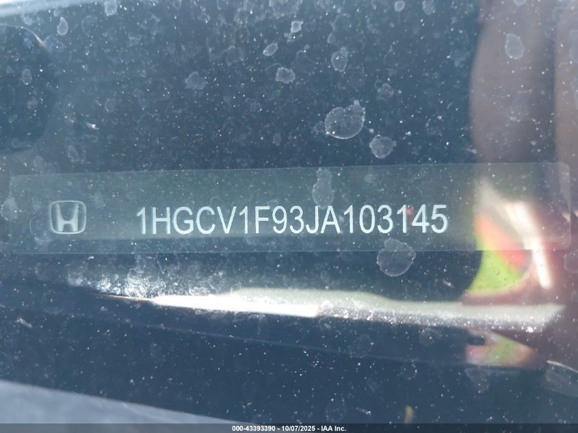 2018 Honda Accord Touring VIN: 1HGCV1F93JA103145 Lot: 43393390