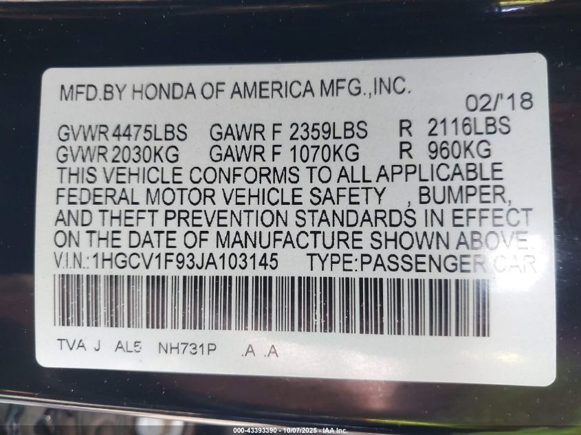 2018 Honda Accord Touring VIN: 1HGCV1F93JA103145 Lot: 43393390