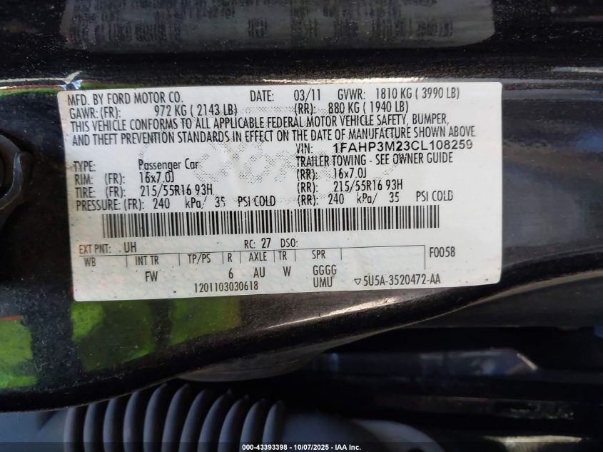 2012 Ford Focus Sel VIN: 1FAHP3M23CL108259 Lot: 43393398