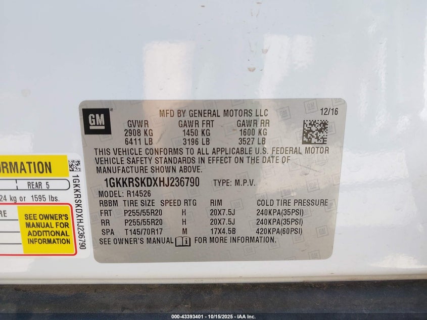 2017 GMC ACADIA LIMITED 1GKKRSKDXHJ236790