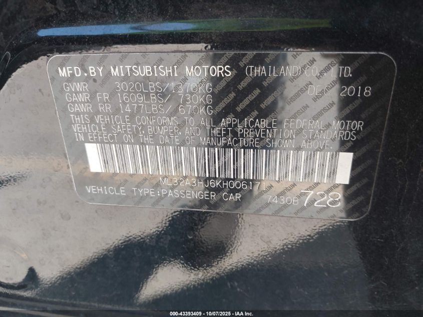 2019 Mitsubishi Mirage Es VIN: ML32A3HJ6KH006171 Lot: 43393409