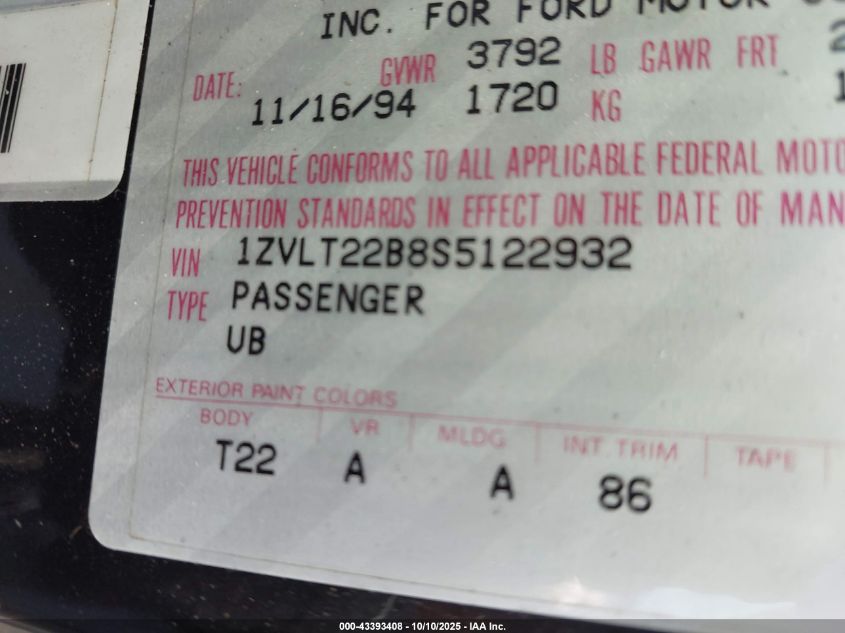 1995 Ford Probe Gt VIN: 1ZVLT22B8S5122932 Lot: 43393408