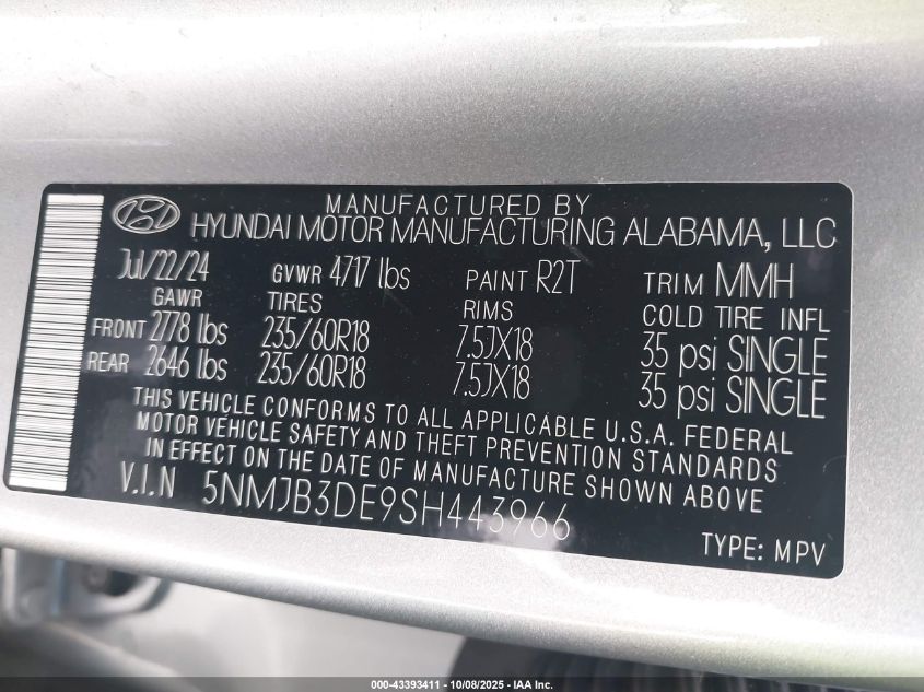 2025 Hyundai Tucson Sel VIN: 5NMJB3DE9SH443966 Lot: 43393411