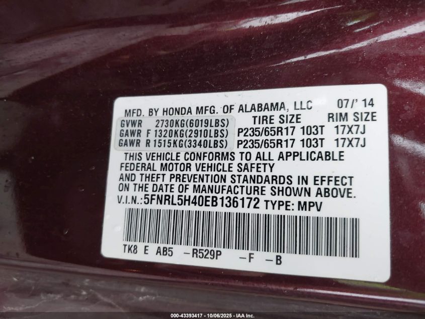 2014 Honda Odyssey Ex VIN: 5FNRL5H40EB136172 Lot: 43393417