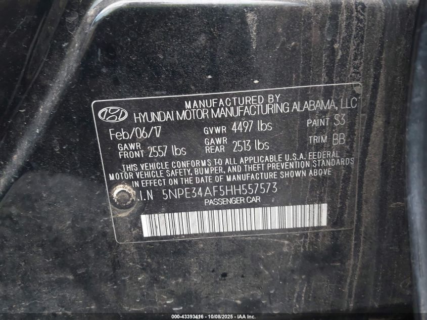2017 Hyundai Sonata Sport VIN: 5NPE34AF5HH557573 Lot: 43393416