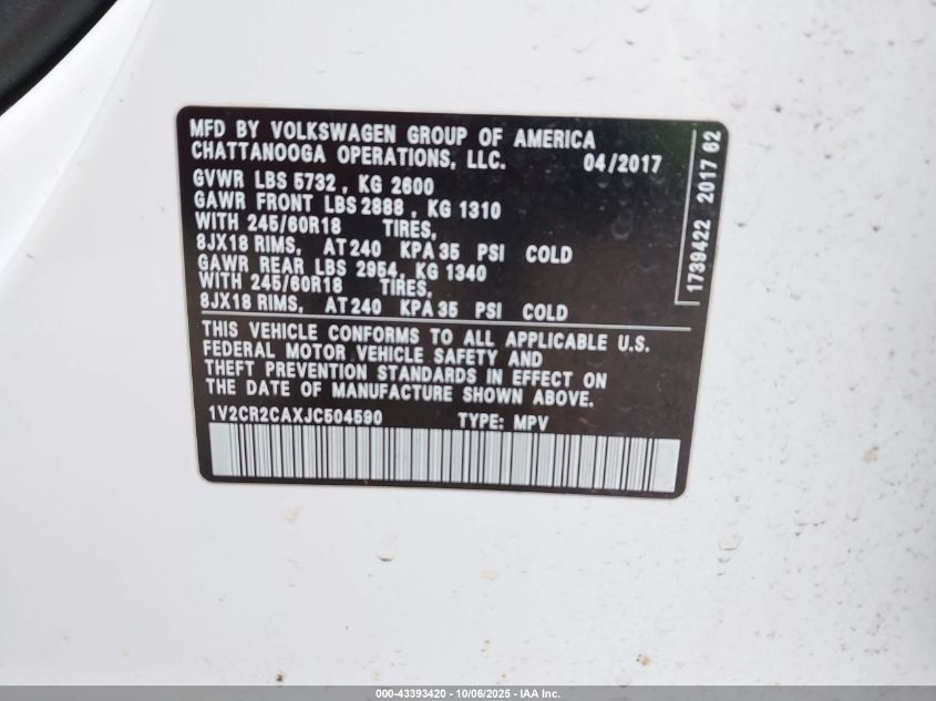 2018 Volkswagen Atlas 3.6L V6 Se VIN: 1V2CR2CAXJC504590 Lot: 43393420