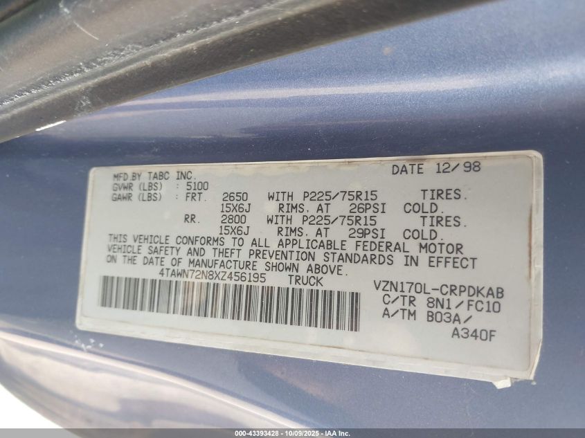 1999 Toyota Tacoma VIN: 4TAWN72N8XZ456195 Lot: 43393428