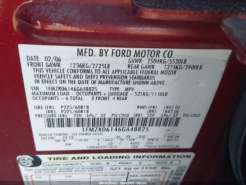 2006 Ford Freestyle Limited VIN: 1FMZK06146GA48825 Lot: 43393432