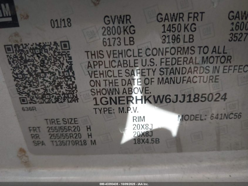 2018 Chevrolet Traverse 3Lt VIN: 1GNERHKW6JJ185024 Lot: 43393435
