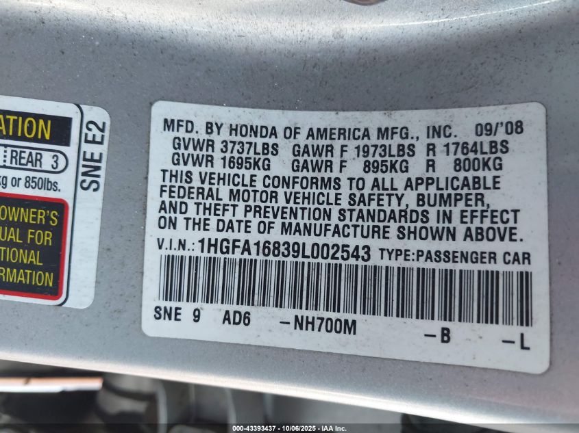 2009 Honda Civic Ex VIN: 1HGFA16839L002543 Lot: 43393437