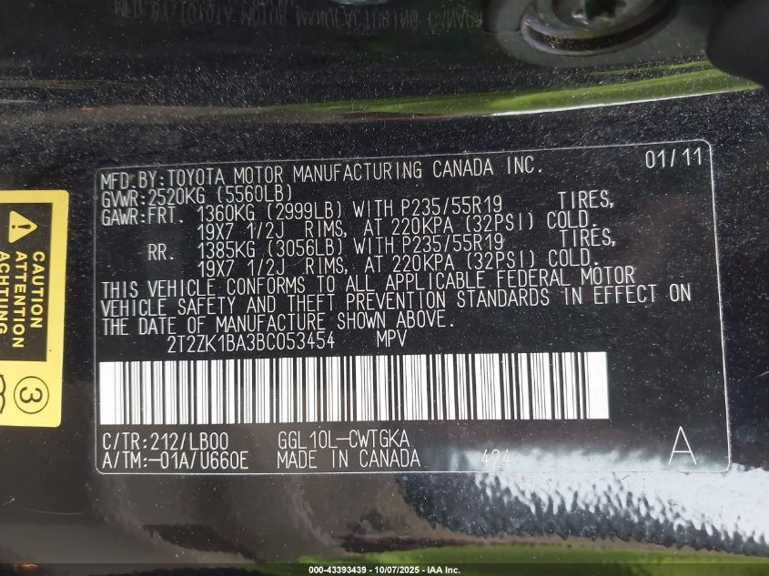 2011 Lexus Rx 350 VIN: 2T2ZK1BA3BC053454 Lot: 43393439