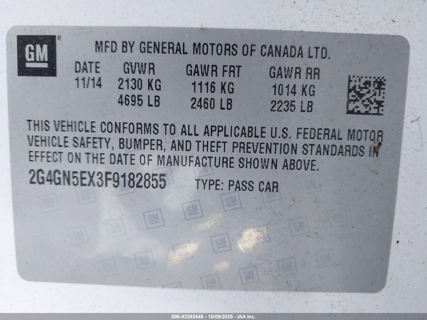 2015 Buick Regal Turbo/E-Assist Premium I VIN: 2G4GN5EX3F9182855 Lot: 43393446