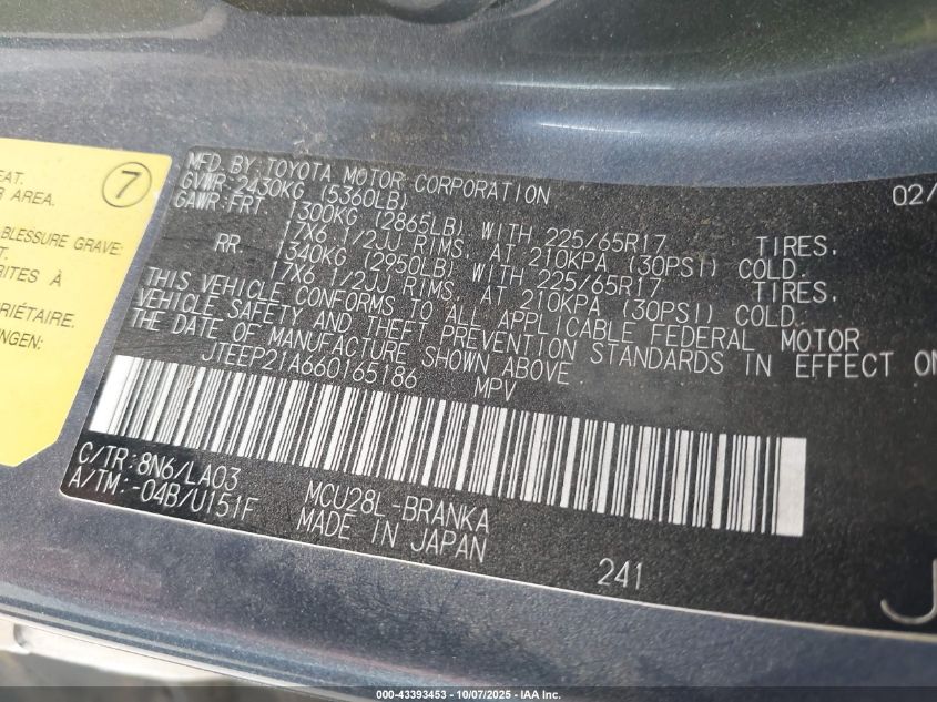 2006 Toyota Highlander Limited V6 VIN: JTEEP21A660165186 Lot: 43393453