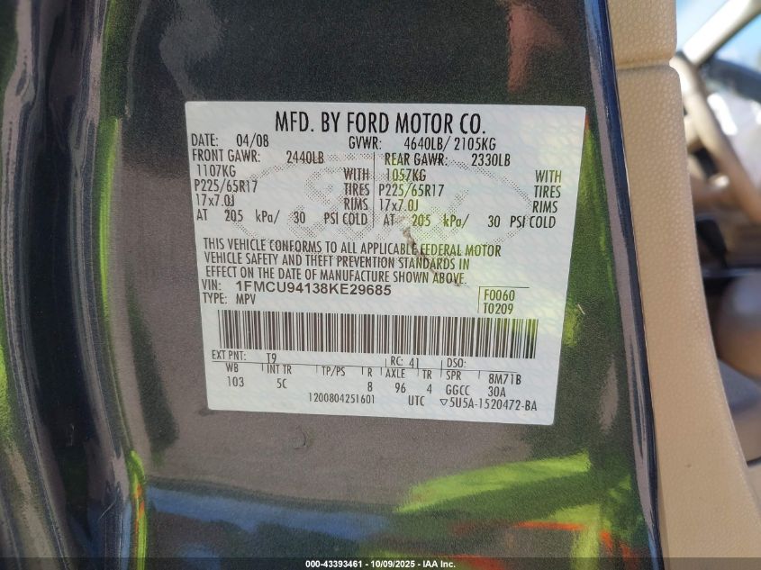 2008 Ford Escape Limited VIN: 1FMCU94138KE29685 Lot: 43393461