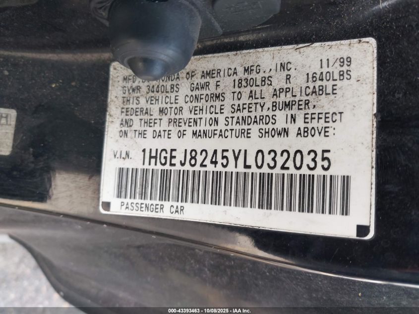 2000 Honda Civic Ex VIN: 1HGEJ8245YL032035 Lot: 43393463
