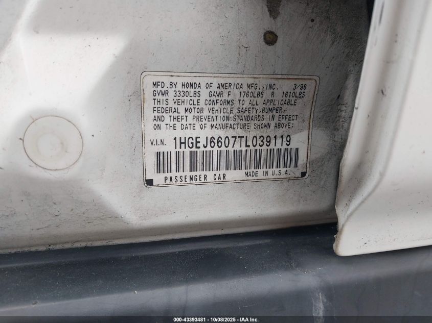 1996 Honda Civic Lx VIN: 1HGEJ6607TL039119 Lot: 43393481