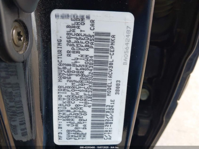 2003 Toyota Camry Le VIN: 4T1BE32K83U243834 Lot: 43393488