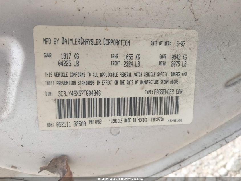 2007 Chrysler Pt Cruiser VIN: 3C3JY45X57T604946 Lot: 43393494