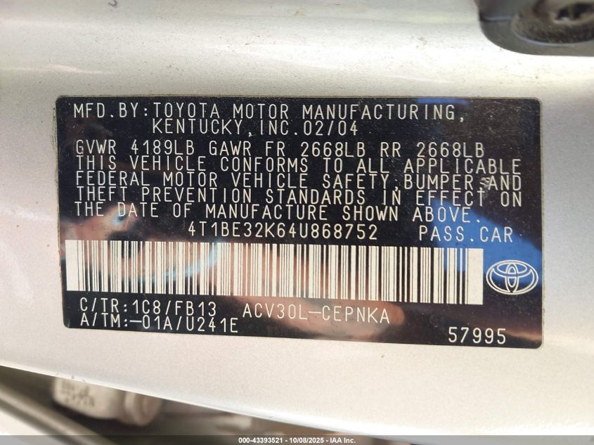 2004 Toyota Camry Le VIN: 4T1BE32K64U868752 Lot: 43393521