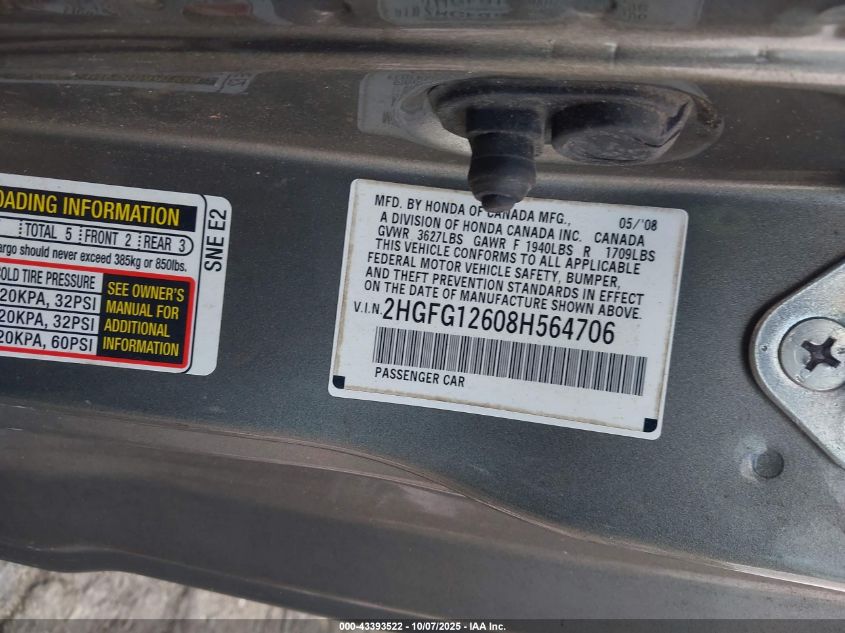2008 Honda Civic Lx VIN: 2HGFG12608H564706 Lot: 43393522