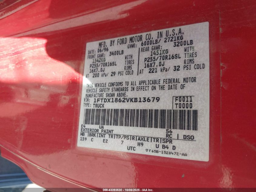 1997 Ford F-150 Lariat/Xl/Xlt VIN: 1FTDX1862VKB13679 Lot: 43393530