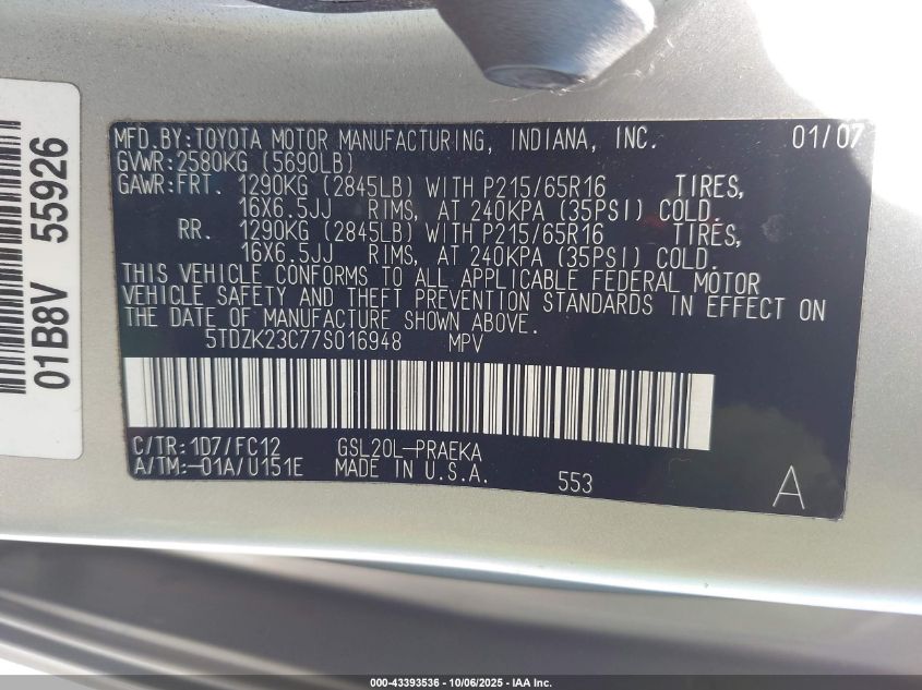 2007 Toyota Sienna Le VIN: 5TDZK23C77S016948 Lot: 43393536