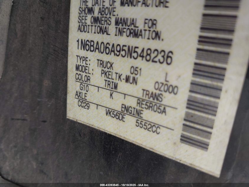 2005 Nissan Titan Se VIN: 1N6BA06A95N548236 Lot: 43393545