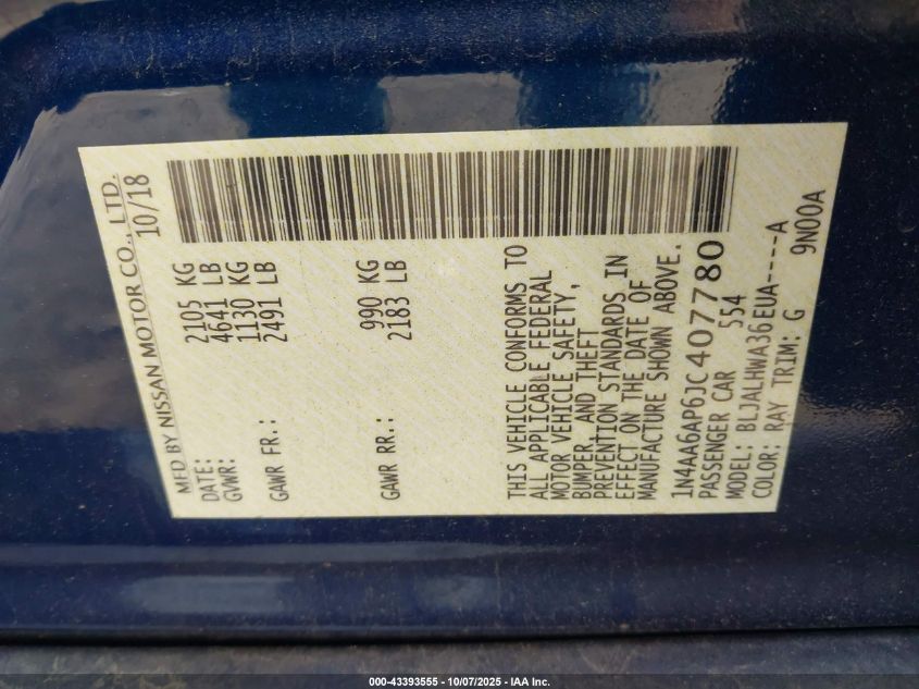 2018 Nissan Maxima 3.5 Platinum VIN: 1N4AA6AP6JC407780 Lot: 43393555