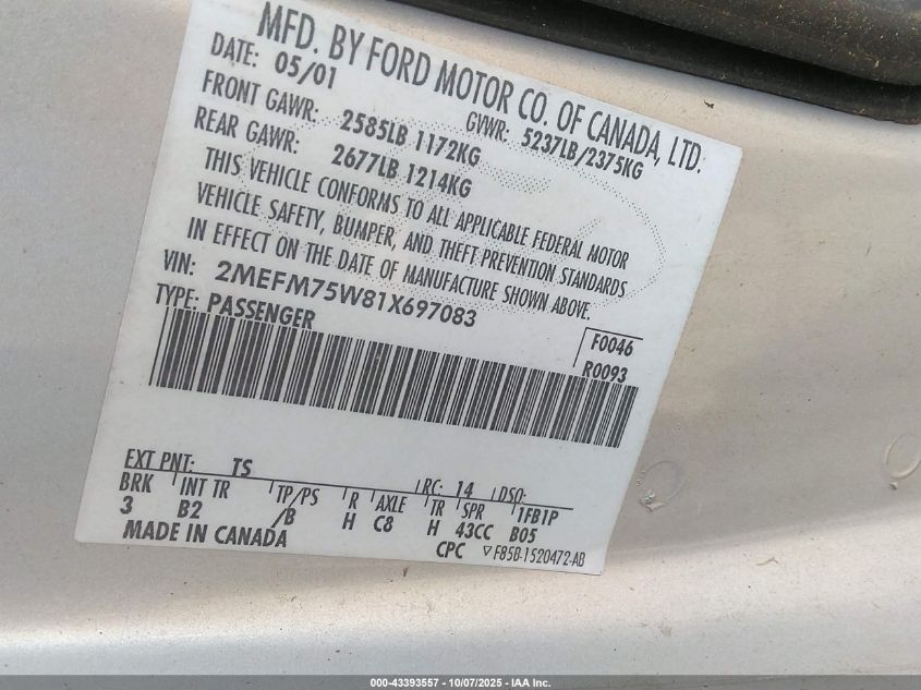 2001 Mercury Grand Marquis Ls VIN: 2MEFM75W81X697083 Lot: 43393557