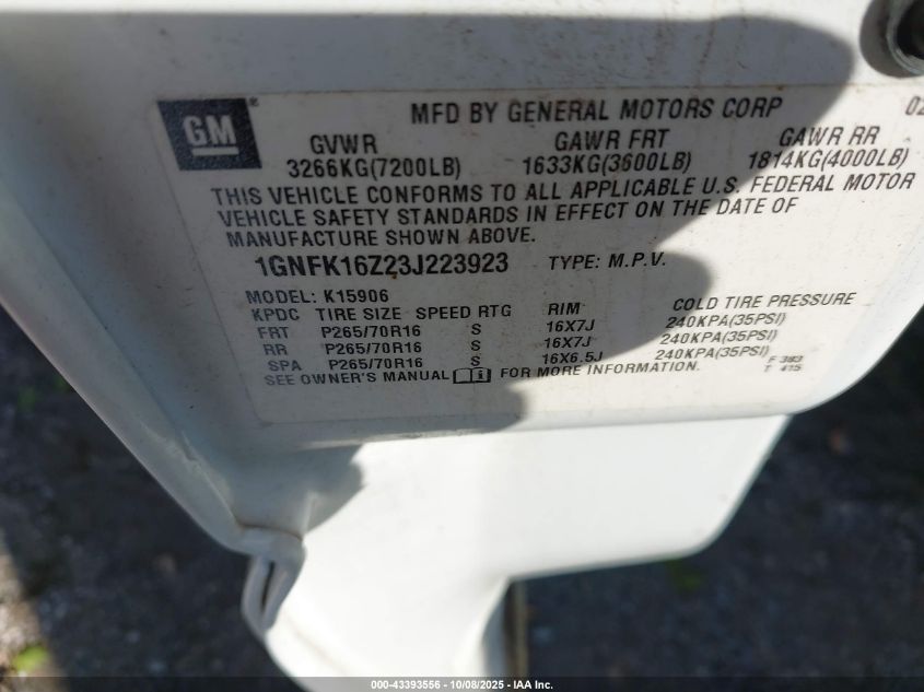 2003 Chevrolet Suburban 1500 Lt VIN: 1GNFK16Z23J223923 Lot: 43393556