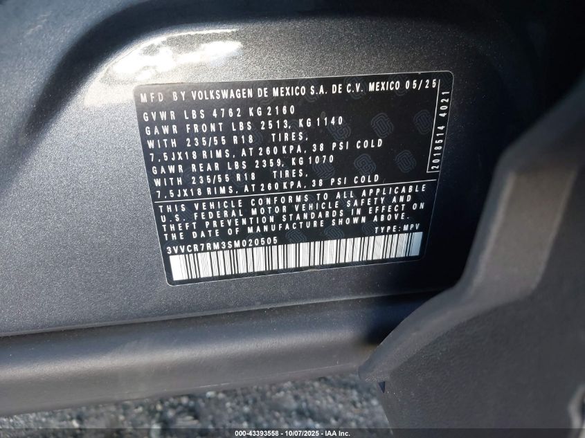 2025 Volkswagen Tiguan 2.0T S VIN: 3VVCR7RM3SM020505 Lot: 43393558