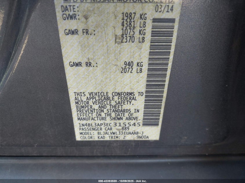 2014 NISSAN ALTIMA 3.5 SL 1N4BL3AP3EC315545