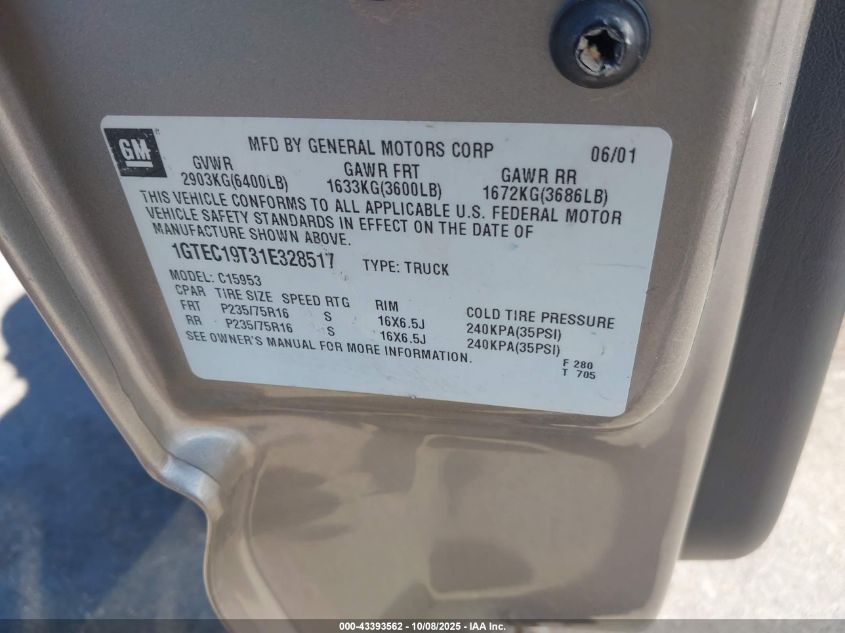 2001 GMC Sierra 1500 Sl VIN: 1GTEC19T31E328517 Lot: 43393562