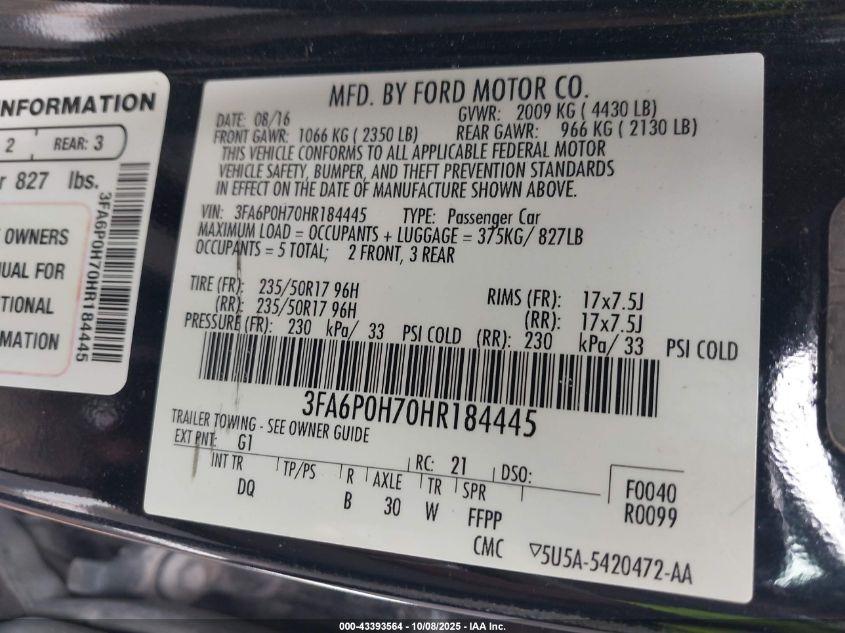 2017 Ford Fusion Se VIN: 3FA6P0H70HR184445 Lot: 43393564