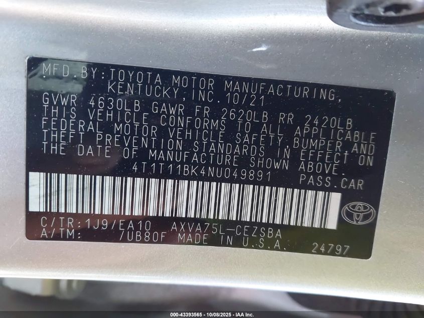 2022 Toyota Camry Se Awd VIN: 4T1T11BK4NU049891 Lot: 43393565