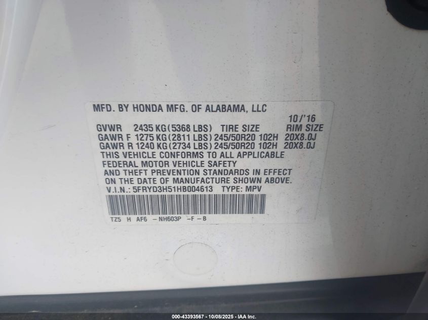 2017 Acura Mdx Technology Package VIN: 5FRYD3H51HB004613 Lot: 43393567