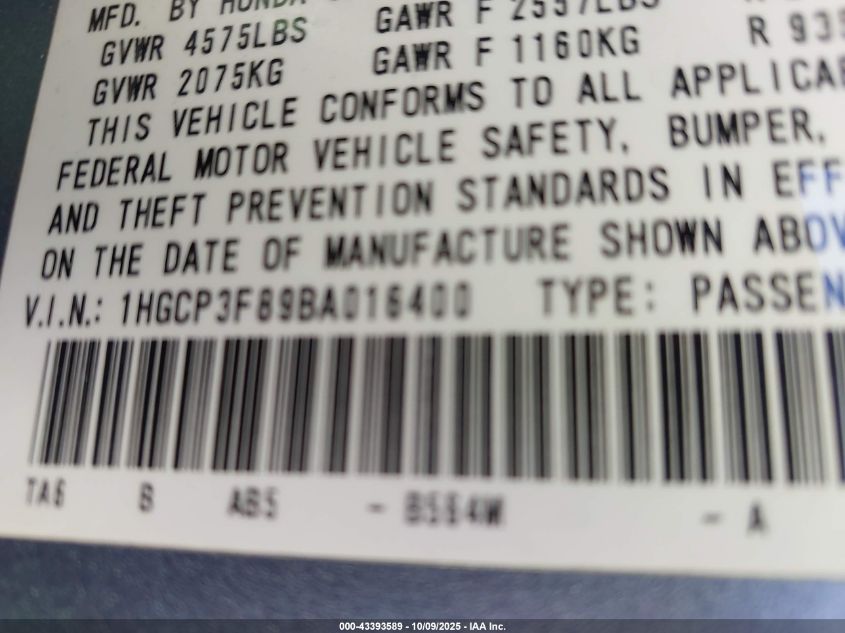 2011 Honda Accord 3.5 Ex-L VIN: 1HGCP3F89BA016400 Lot: 43393589